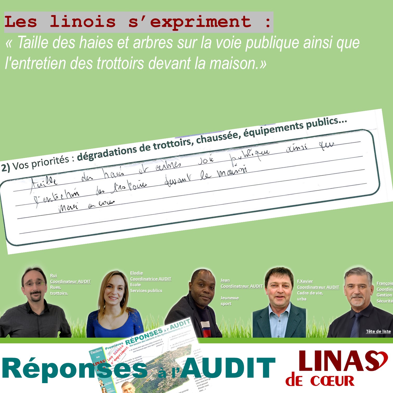 Taille des haies et arbres voie publique ainsi que l&rsquo;entretien des trottoirs devant la maison.