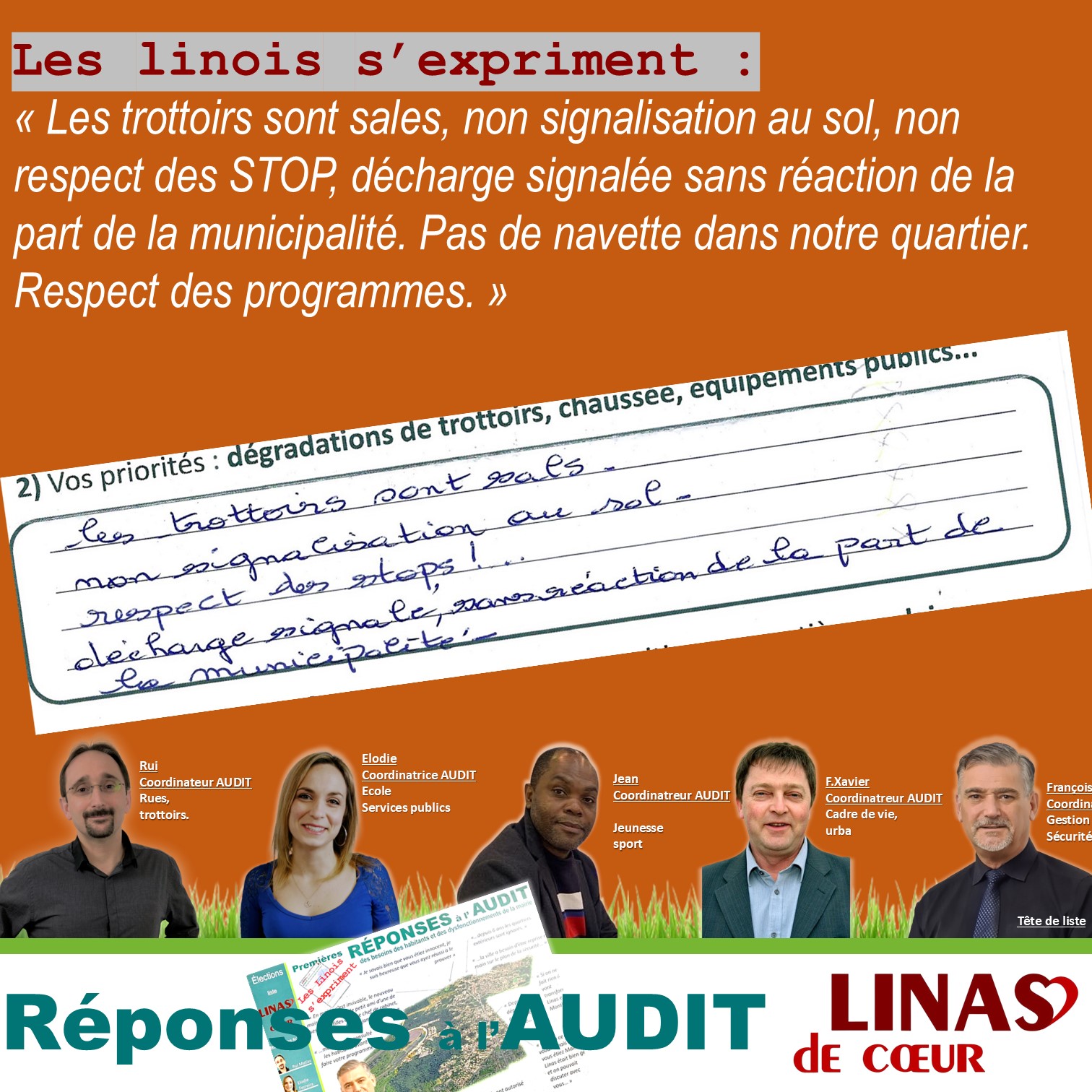 Les trottoirs sont sales, non signalisation au sol, non respect des STOP, décharge signalée sans réaction de la part de la municipalité. Pas de navette dans notre quartier. Respect des programmes.