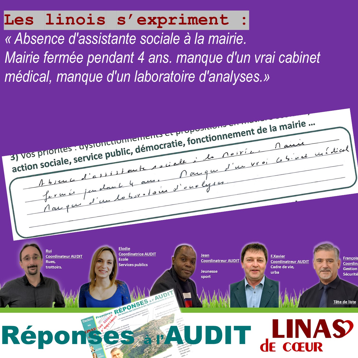 Absence d&rsquo;assistante sociale à la mairie. Mairie fermée pendant 4 ans. manque d&rsquo;un vrai cabinet médical, manque d&rsquo;un laboratoire d&rsquo;analyses.