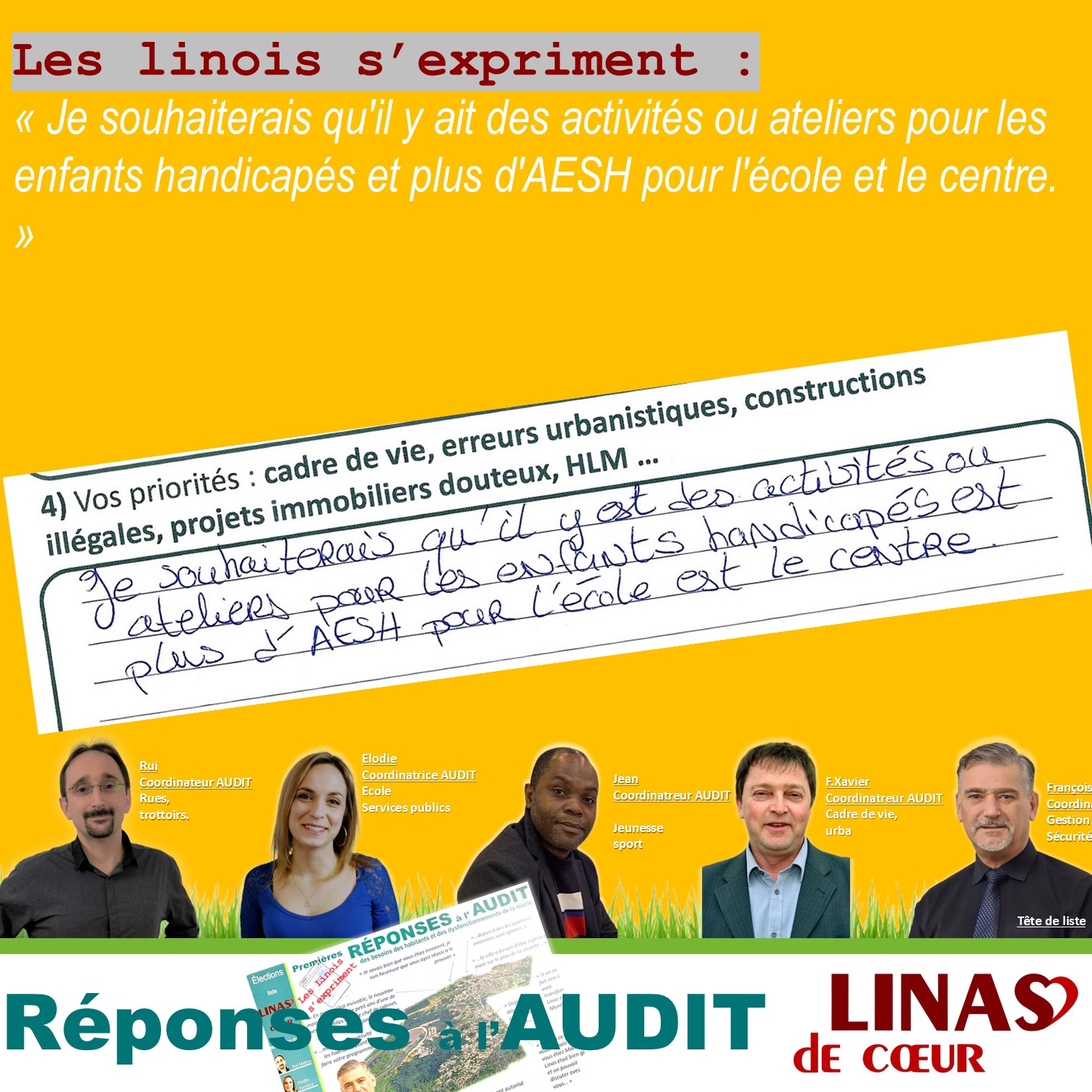 Je souhaiterais qu&rsquo;il y ait des activités ou ateliers pour les enfants handicapés et plus d&rsquo;AESH pour l&rsquo;école et le centre.