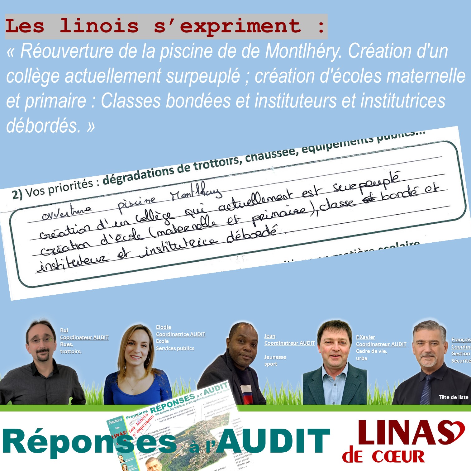 Réouverture de la piscine de Montlhéry. Création d&rsquo;un collège actuellement surpeuplé ; création d&rsquo;écoles maternelle et primaire : Classes bondées et instituteurs et institutrices débordés.