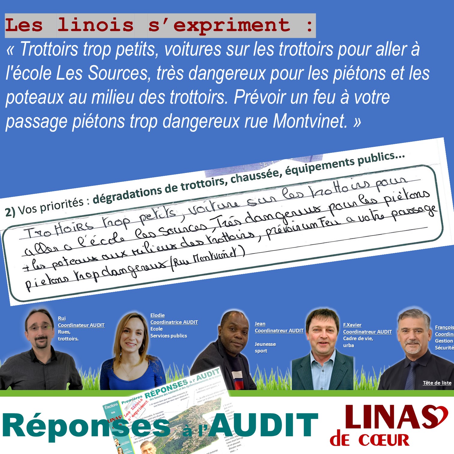 Trottoirs trop petits, voitures sur les trottoirs pour aller à l&rsquo;école Les Sources, très dangereux pour les piétons et les poteaux au milieu des trottoirs. Prévoir un feu à votre passage piétons trop dangereux rue Montvinet.