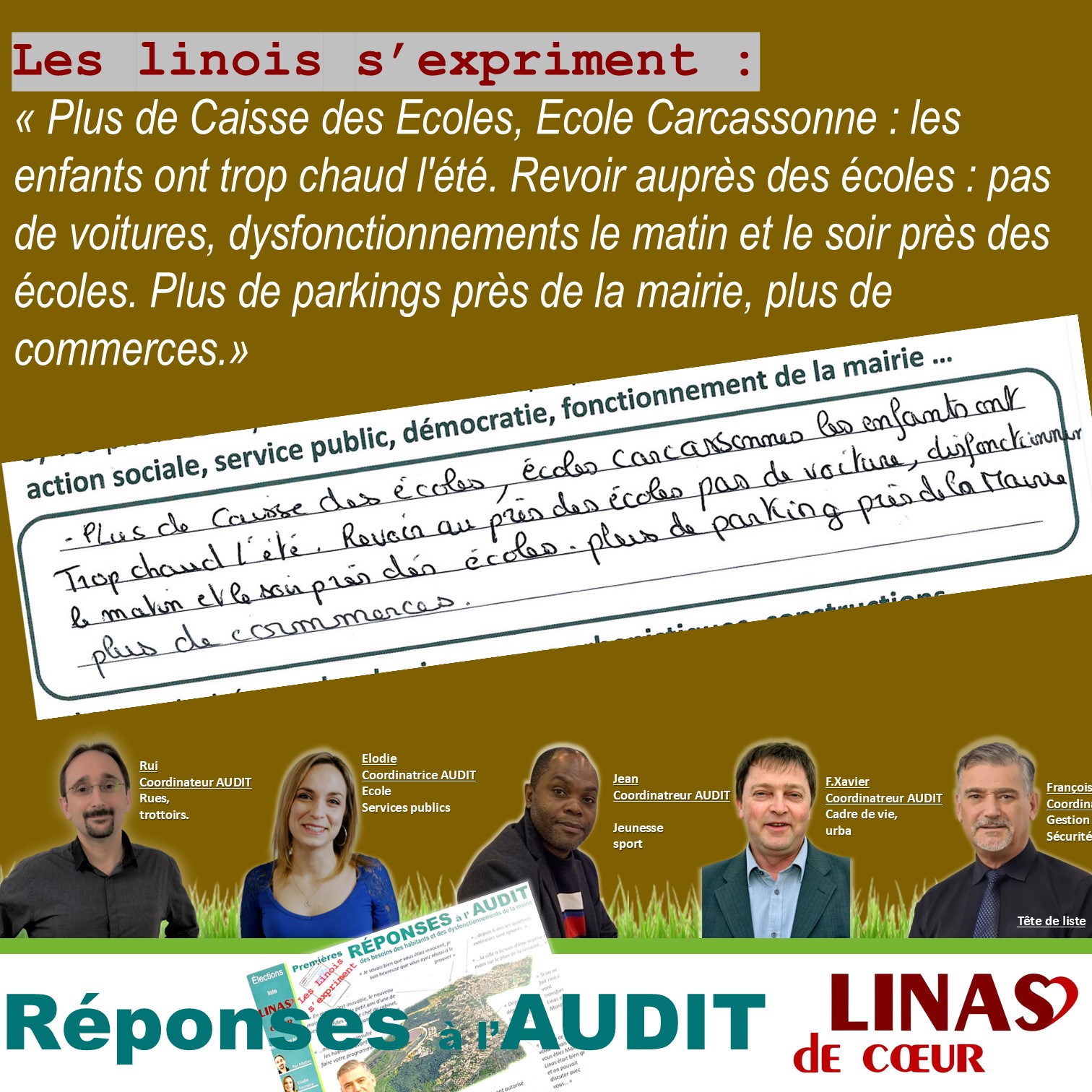 Plus de Caisse des Ecoles, Ecole Carcassonne : les enfants ont trop chaud l&rsquo;été. Revoir auprès des écoles : pas de voitures, dysfonctionnements le matin et le soir près des écoles. Plus de parkings près de la mairie, plus de commerces.