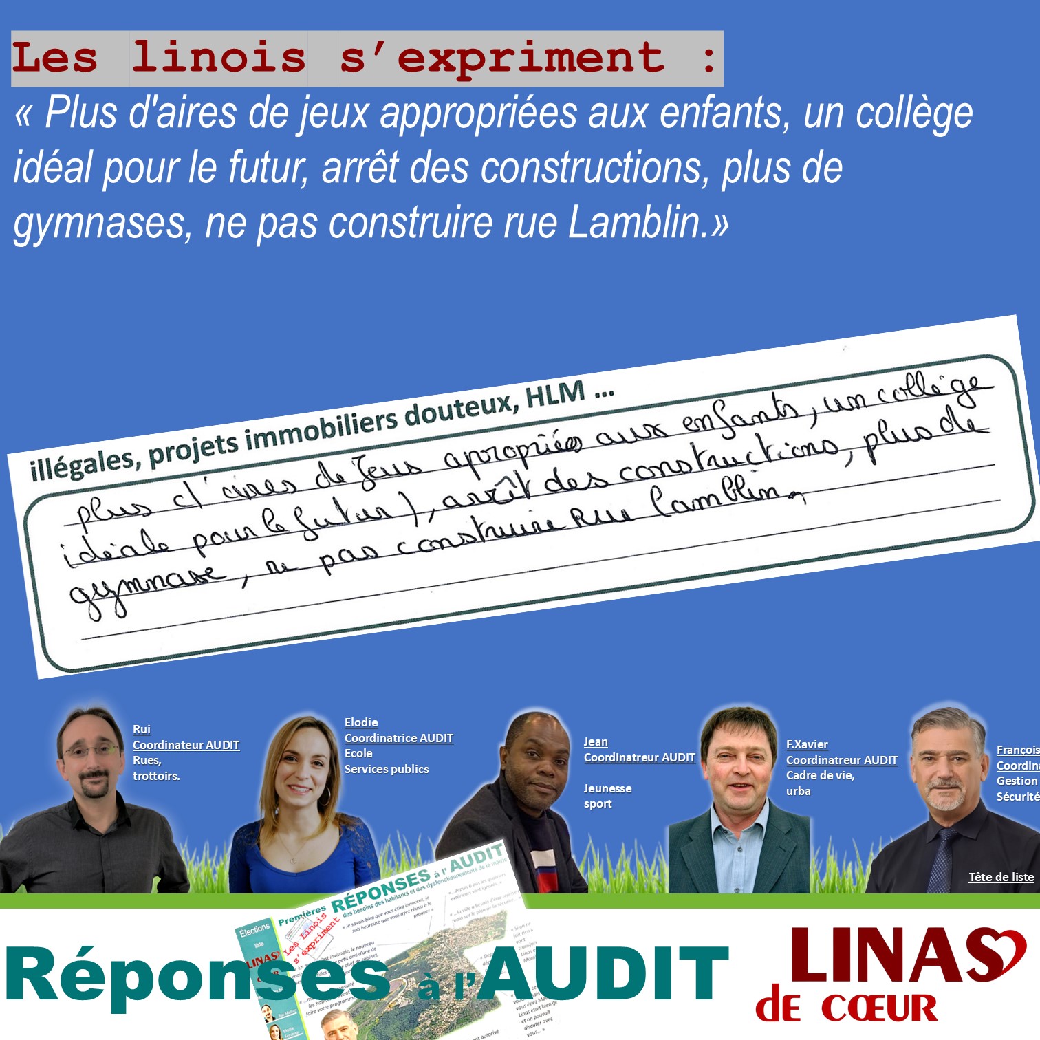 Plus d&rsquo;aires de jeux appropriées aux enfants, un collège idéal pour le futur, arrêt des constructions, plus de gymnases, ne pas construire rue Lamblin.