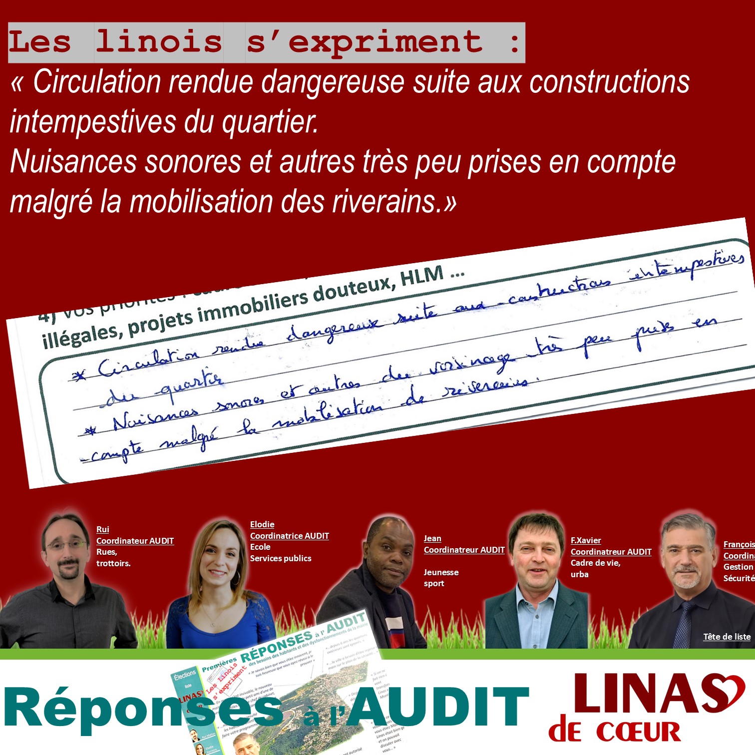 Circulation rendue dangereuse suite aux constructions intempestives du quartier.  Nuisances sonores et autres très peu prises en compte malgré la mobilisation des riverains.