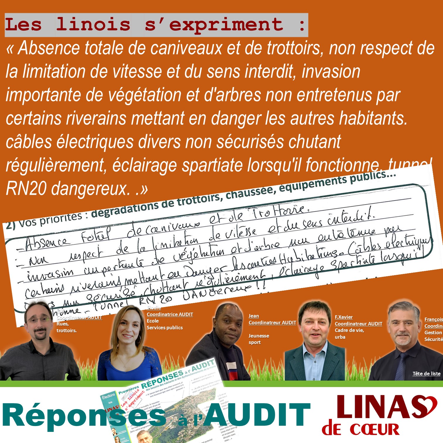 Absence totale de caniveaux et de trottoirs, non respect de la limitation de vitesse et du sens interdit,    invasion importante de végétation et d&rsquo;arbres non entretenus par certains riverains mettant en danger les autres habitants.   câbles électriques divers non sécurisés chutant régulièrement, éclairage spartiate lorsqu&rsquo;il fonctionne. tunnel RN20 dangereux.